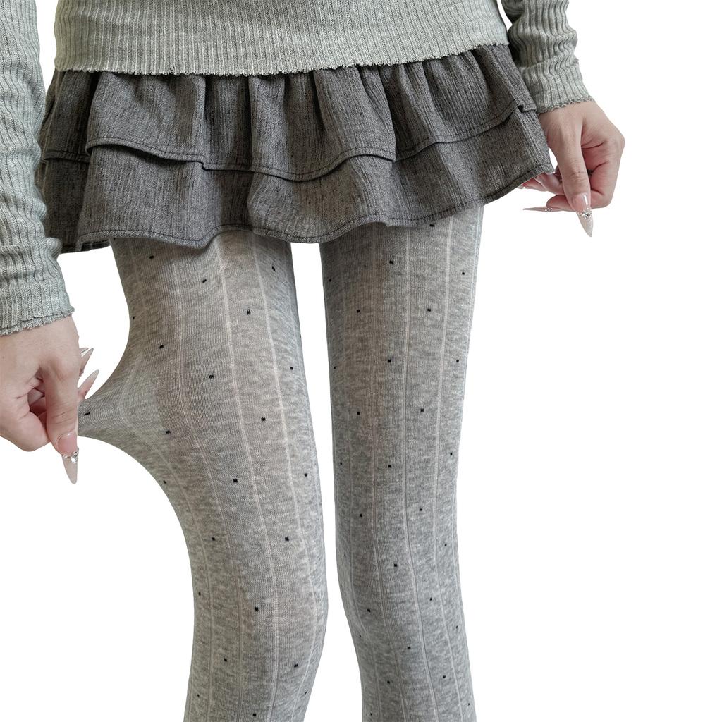 Women Elastic Waist Cotton Tights Warm Opaque Design Dots Pattern Cold Weather Ribbed Fabric Pantyhose Stockings Hosiery