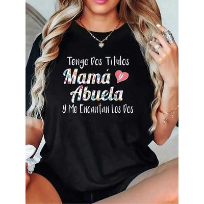 Women Black Spanish Abuela Floral Print T-Shirt Crew Neck Short Sleeve Mothers Day Valentine Gift Casual Daily Top