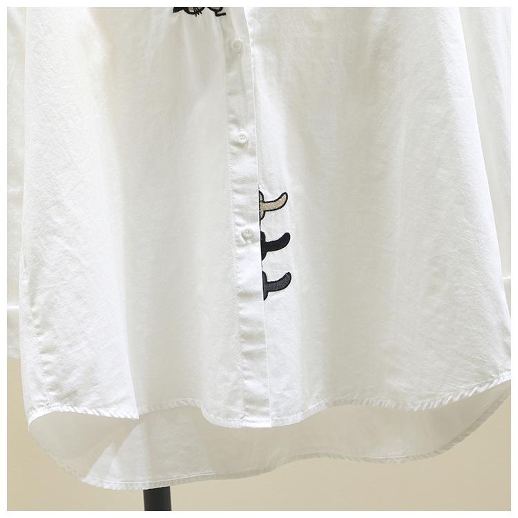 Cămașă de damă cu mânecă lungă din bumbac pur, cu broderie pisică - Top versatil casual de toamnă