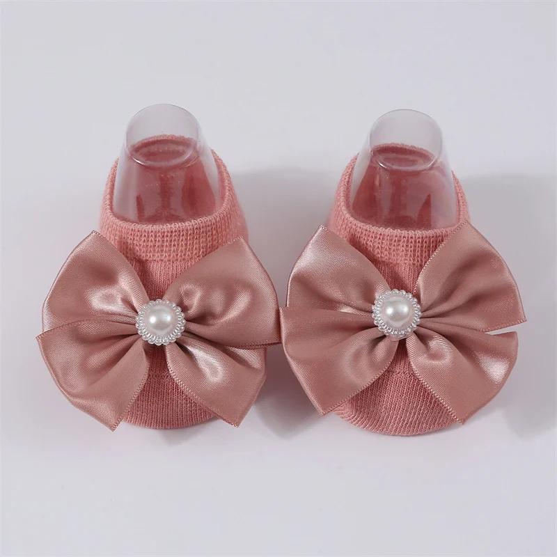 Baby Pearl Bow Solid Color Floor Socks Newborn Infant Knitted Breathable Socks Sweet Cute Girls Princess Children Birthday Gifts