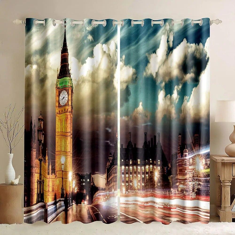 2ks London Building Window Curtains Tower s motivem Anglie Retro Londýn Silné zatemňovací okenní závěsy Cestovní scenérie Slavné město