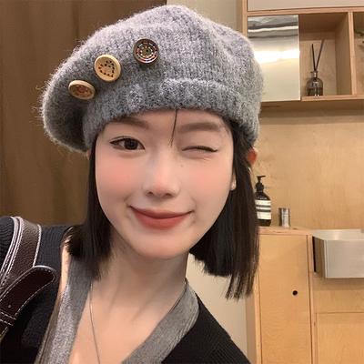 Japanese Gray Button Beret Women's Autumn and Winter Face Little Beilei Painter Hat Korean Version Versatile Knitted Hat Trend
