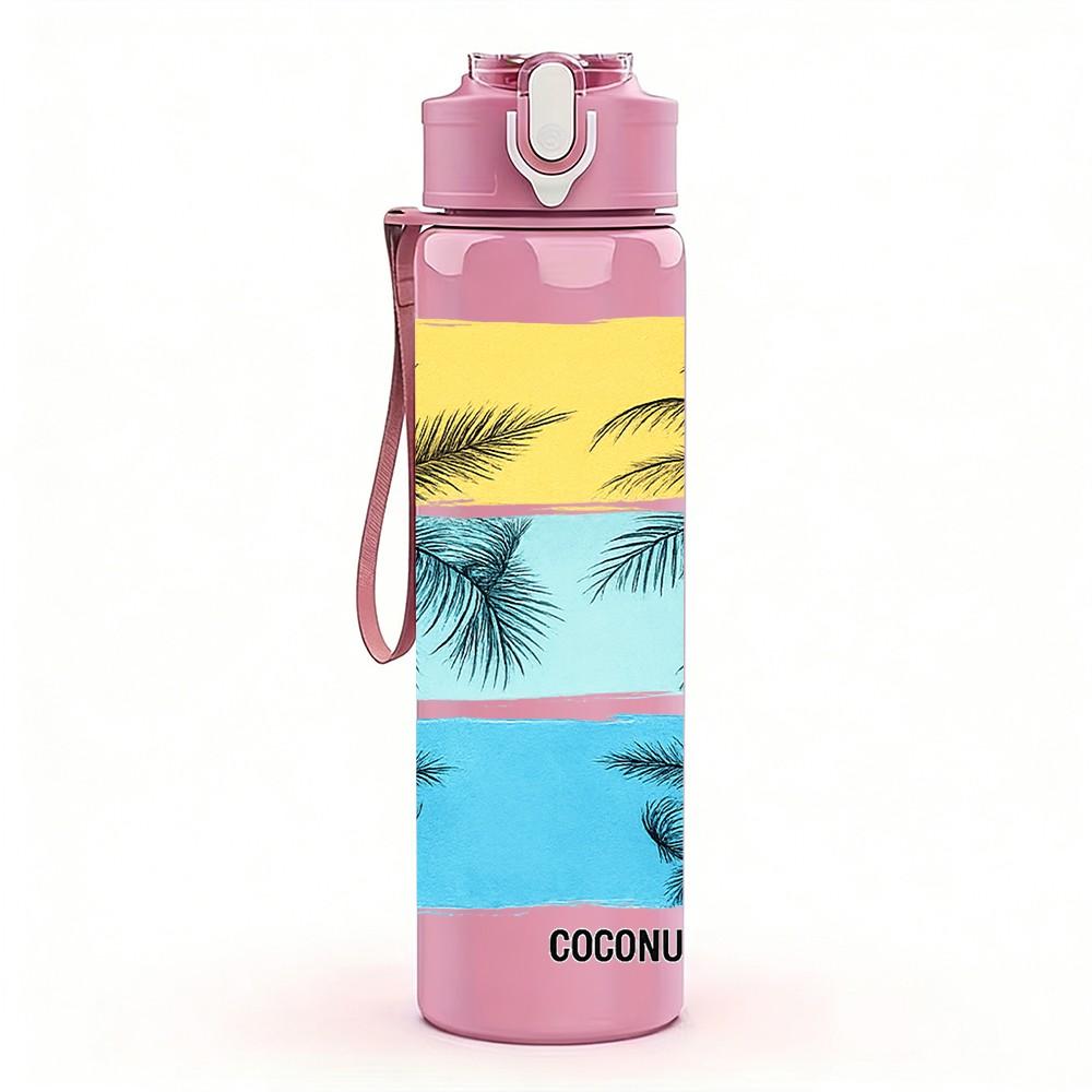 1PC Palm Tree Beach Ocean Scenery Print 750ml Color Plastic Sports Water Bottle Leakproof Flip Straw Lid Suitable for Sports Office Home Use
