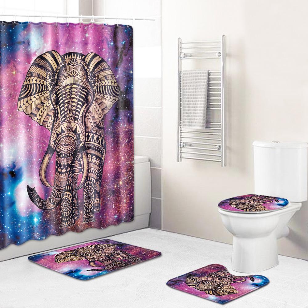 Elephant Lion Animal Shower Curtain Floor Mat Combination Set Toilet Carpet Shower Room Mat Foot Mat