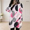 Women Plus Size Round Neck Long Sleeve Pink Black Geometric Printed Loose Longline Top With Pockets