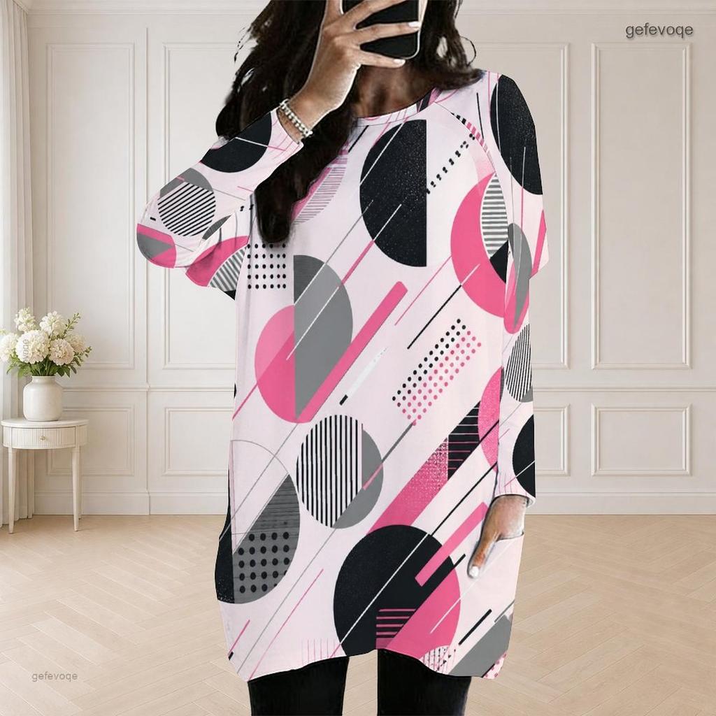 Women Plus Size Round Neck Long Sleeve Pink Black Geometric Printed Loose Longline Top With Pockets