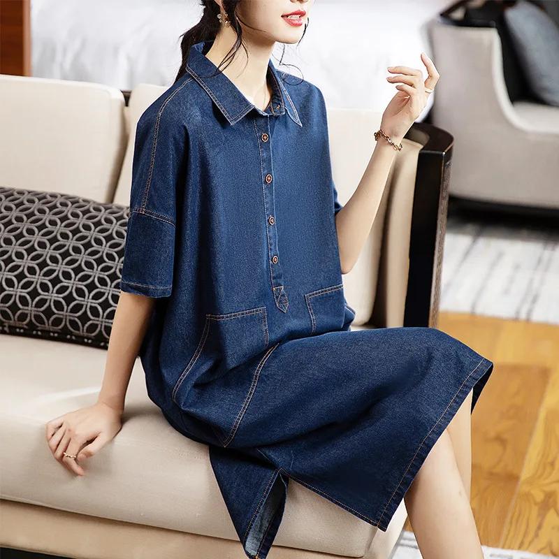 New plus Size Women's Denim Dress Casual Shirt Collar Loose Straight Tube Dress Half Open Cardigan Casual Dress