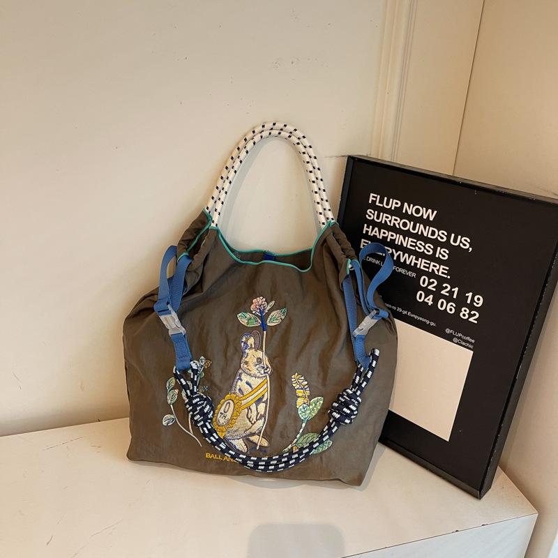Embroidery tote bag women's 2025 new fashion shoulder bag shopping bag large capacity casual nylon bag