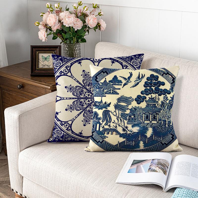 2Pcs Chinese Style Cushion Covers Blue and White Porcelain Printed Throw Pillows Cases Home Sofa Car Seat Decor Elegant 45x45cm