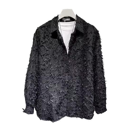 Men Shirt Long Sleeve Solid Color Fuzzy Tassel Button-down Cardigan Mid Length