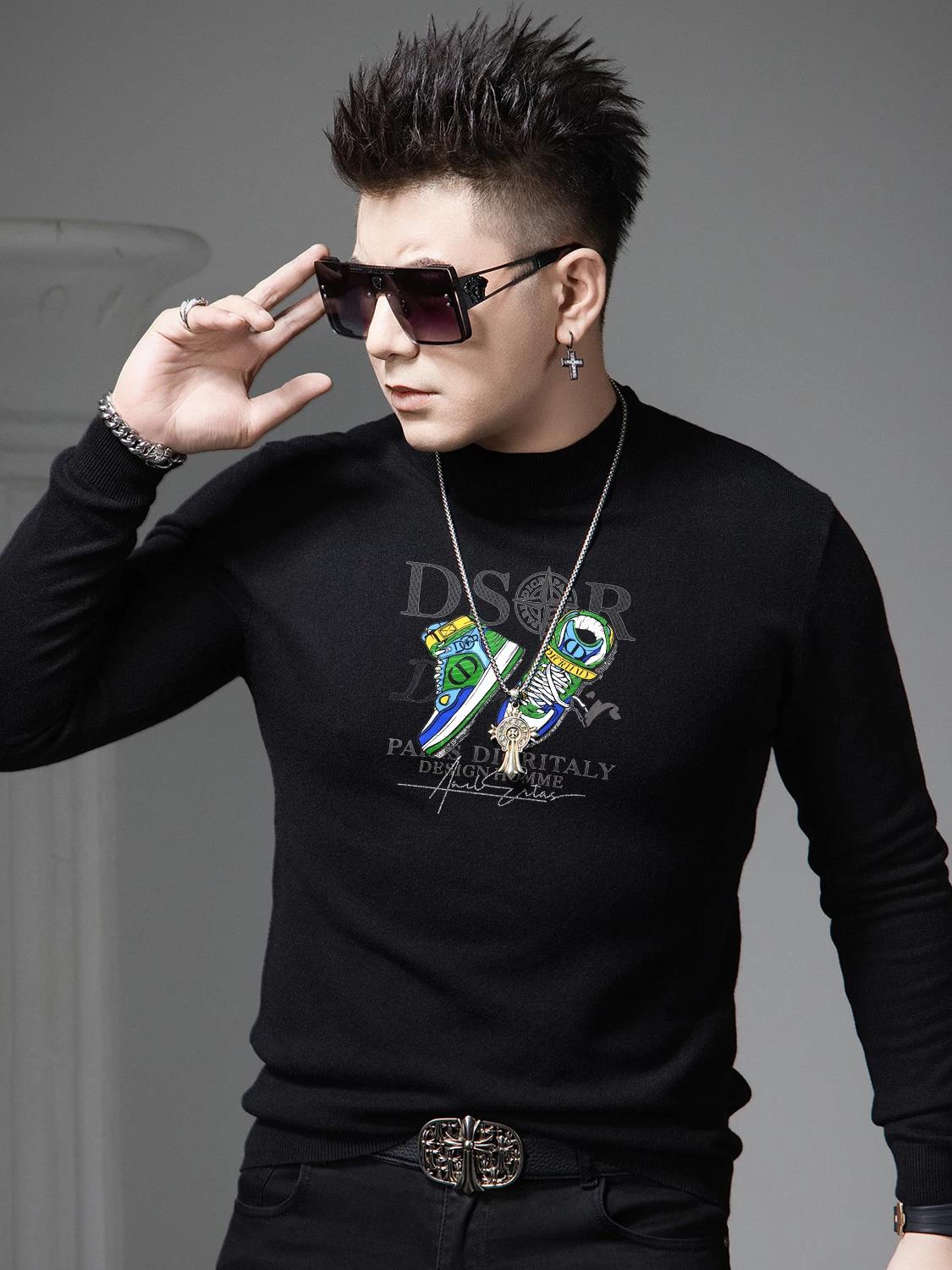 

European Goods 2025 New Fashion Brand Print Sweater Men s Autumn Warm Inner wear Half-high Collar Men s Knitted Bottoming Shirt XL
