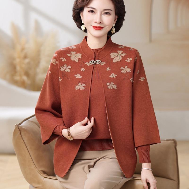 Middle-aged and Elderly Women's Clothing Autumn and Winter Sweater Cardigan Jacket New Year Mother Spring and Autumn New Knitted Two-piece Suit