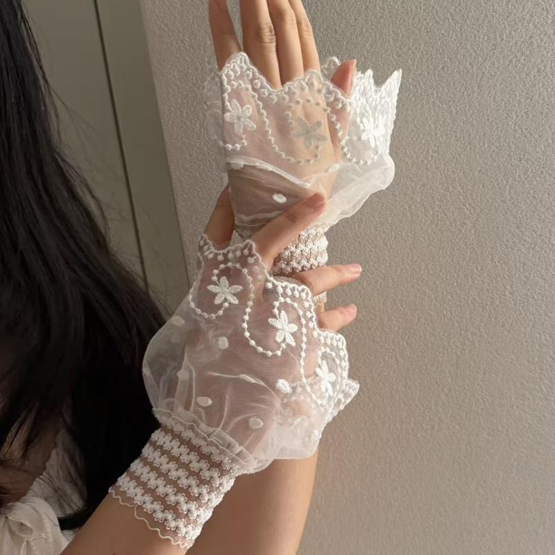 Sheer Embroidered Fingerless Wrist Cuffs Pair for Women, Lace Sleeves with Flared Cuff for Weddings and Photo Styling Use