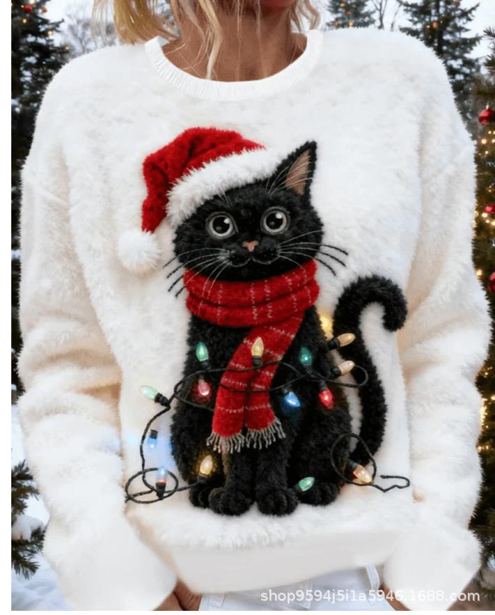3D Digital Print Flannel Christmas Women's Round Neck Sweater - Autumn/Winter Pullover