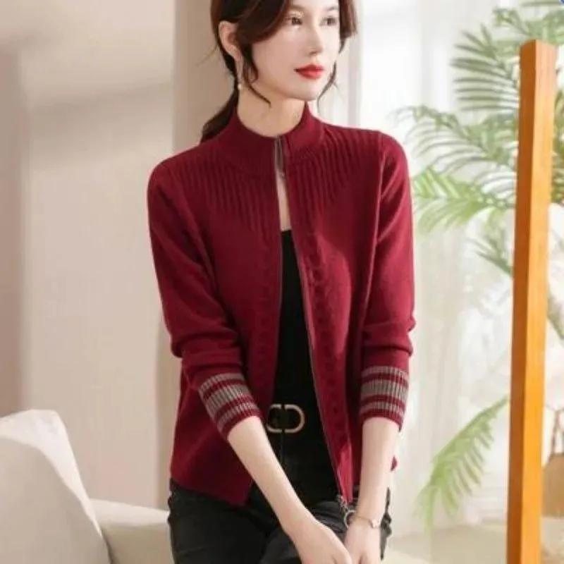 Mote strikket genserjakke med glidelås for kvinner, avslappet høst- og vinterjakke, løs cardigan, kåpe for kvinner