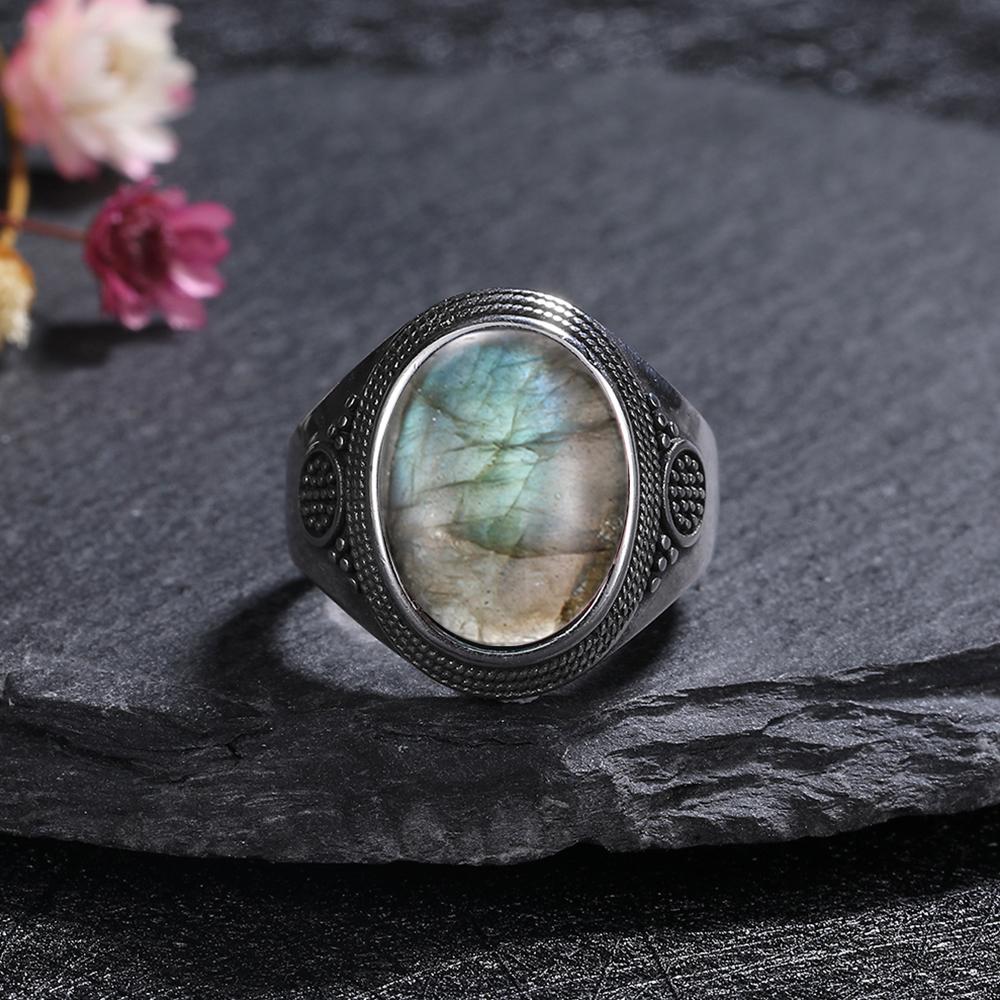 Silver Rings Large Natural 10x14MM Black Agate Ring for Women Men Silver Party Jewelry Tiger Eye Turquoise Lapis