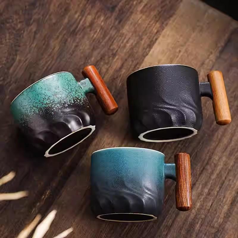 130ml Ceramic Coffee Mug With Wooden Handle Heat-resistant Kungfu Teacup With Coaster Kungfulatte Cappuccino Espresso Cup