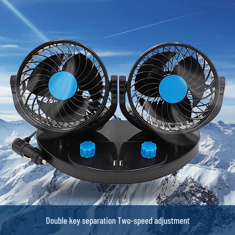 Silent Dual-Head Car Fan 12V/24V USB - Powerful Summer Cooling for Trucks