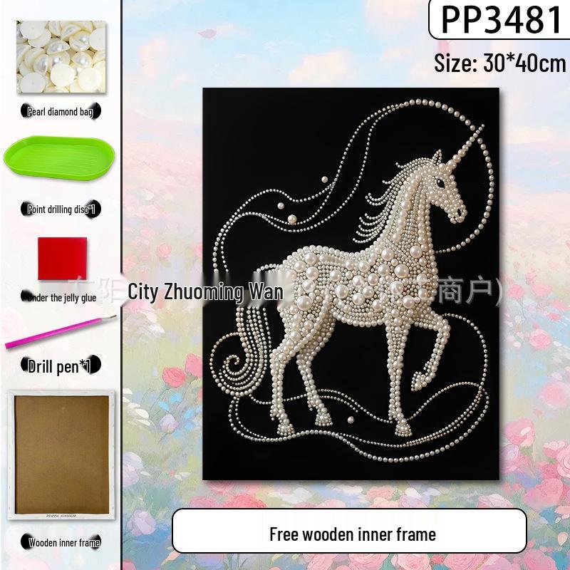 Handmade 3D Pearl Cross-Stitch Castle with Starry Sky Stickers and Indoor Decorative Frame