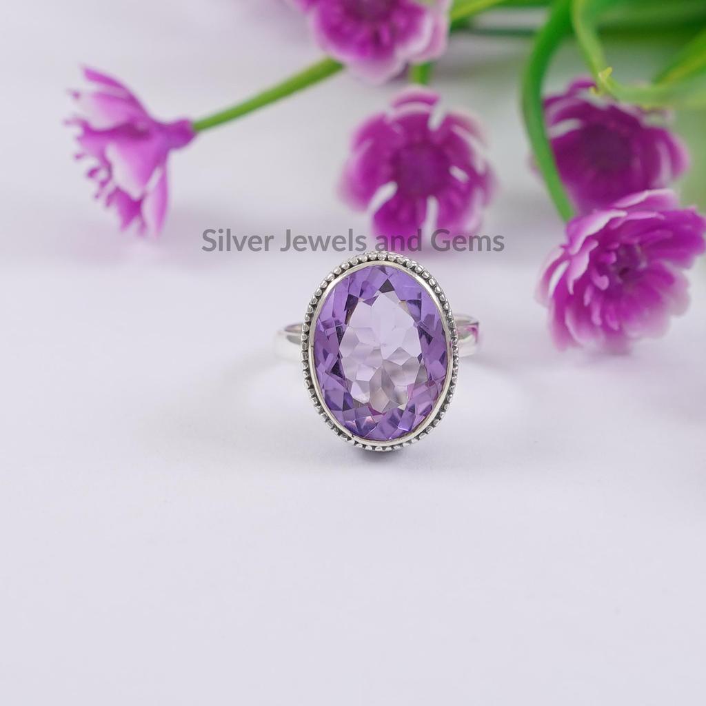 Natural Amethyst Ring, Handmade Boho Ring, 925 Sterling Silver Ring, Oval Gemstone Ring, February Birthstone Ring, Designer Ring