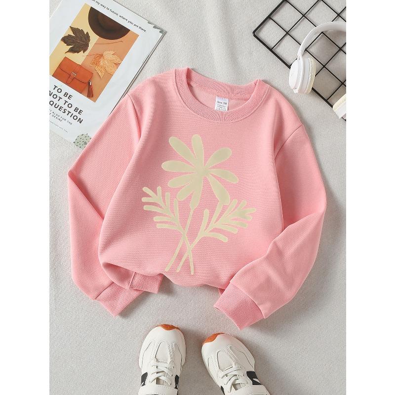 Girls  Long-Sleeve Casual Crewneck Sweatshirt | Flower Leaves Stem Design, Suitable For Outdoor Sports And Everyday 110 розовый