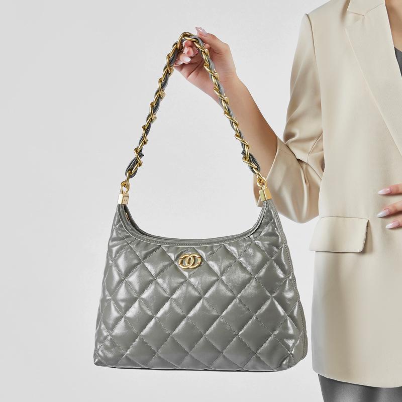 2025 New Style-Inspired Genuine Leather Single-Shoulder Hippie Bag High-End Thick Chain Hobo Underarm Bag Quilted Chain Bag