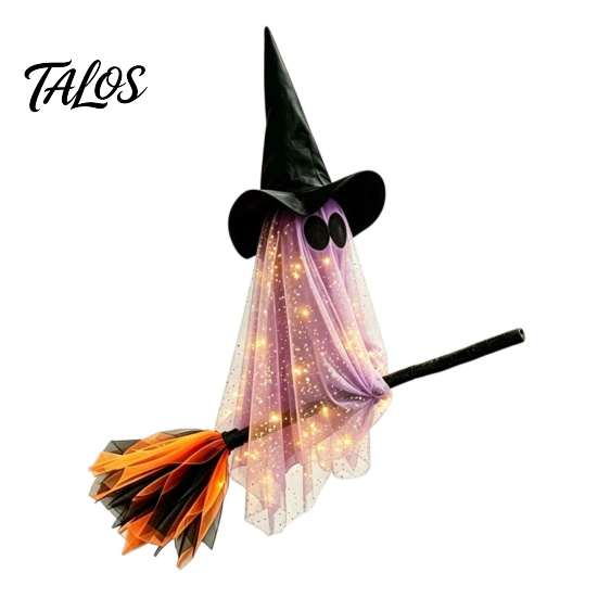 Whimsical Ghost Witch Figurine Halloween Flying with Broom, Large Lighted Hanging Decoration Glowing Window Hat for Lawn Patio Porch Backyard
