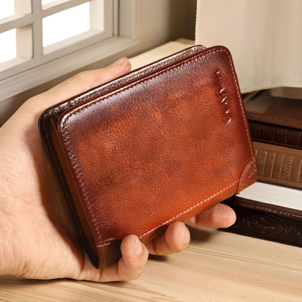 Men's Vintage Cowhide Wallet, RFID Protection Short Multi-Functional ID Card Credit Card Holder Top Layer Cowhide Money Bag 2 ID Card Windows