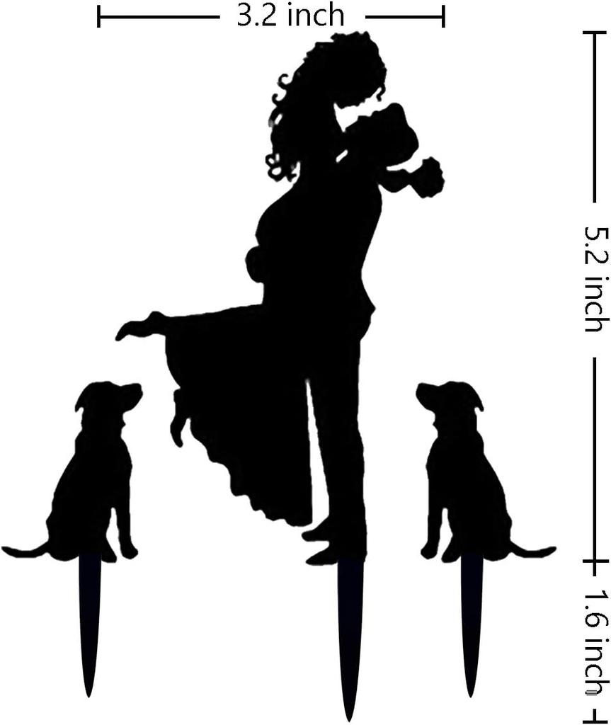 Black Wedding Cake Topper - Bride Hold Groom with Flowers Besides 2 Pet Dogs Silhouette Cake Decoration