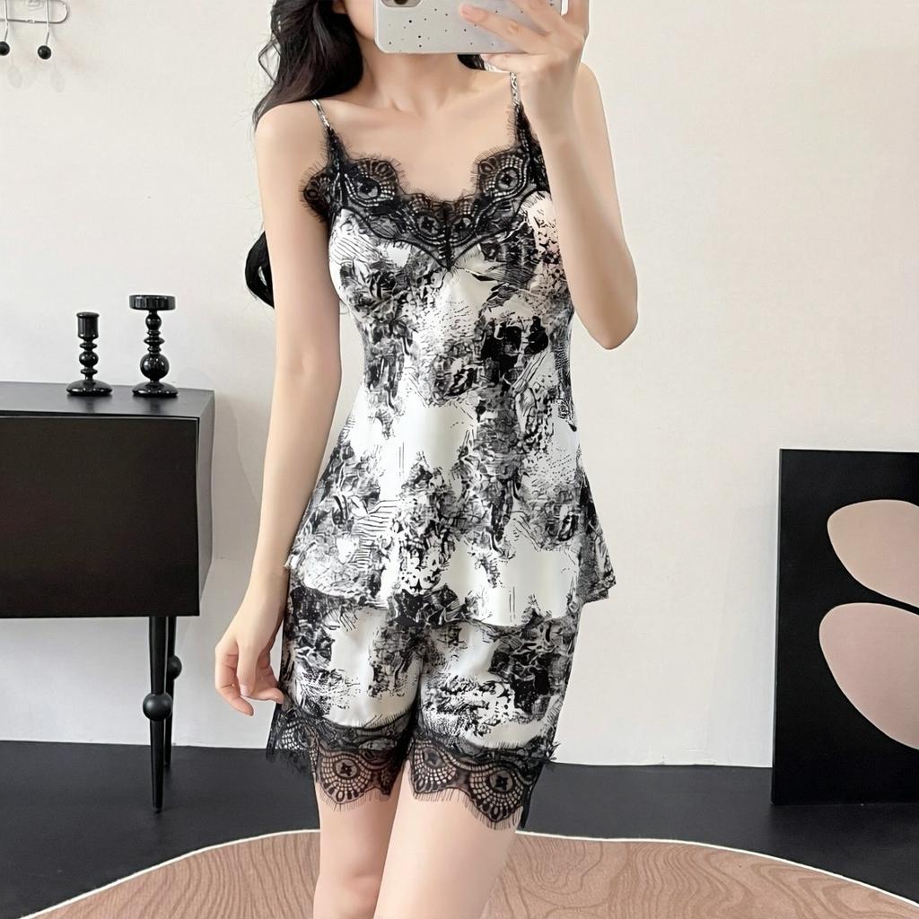 Ink painting women's summer ice silk retro pajamas suspender shorts set spring and autumn sexy pajamas loungewear with chest pads