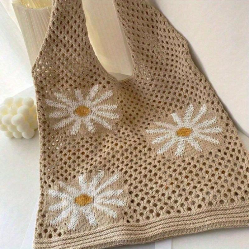 Large Capacity Floral Pattern Crochet Tote Bag - Fashionable Y2K Design, Soft Fabric Lining, Printed Pattern