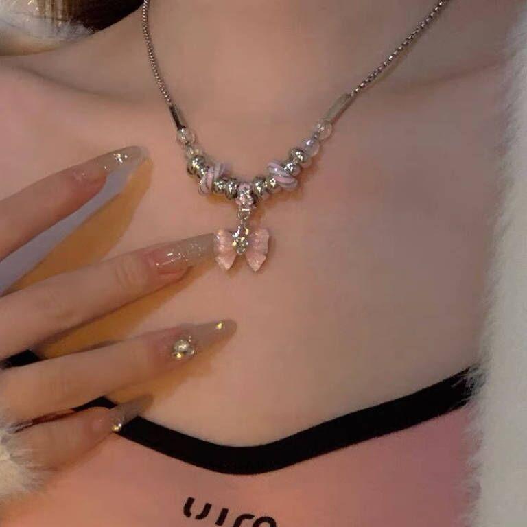 Pink Bow Beaded Necklace Women's Light Luxury Niche Design Advanced Sense Collarbone Chain Sweet Cool Temperament Versatile Neck Chain