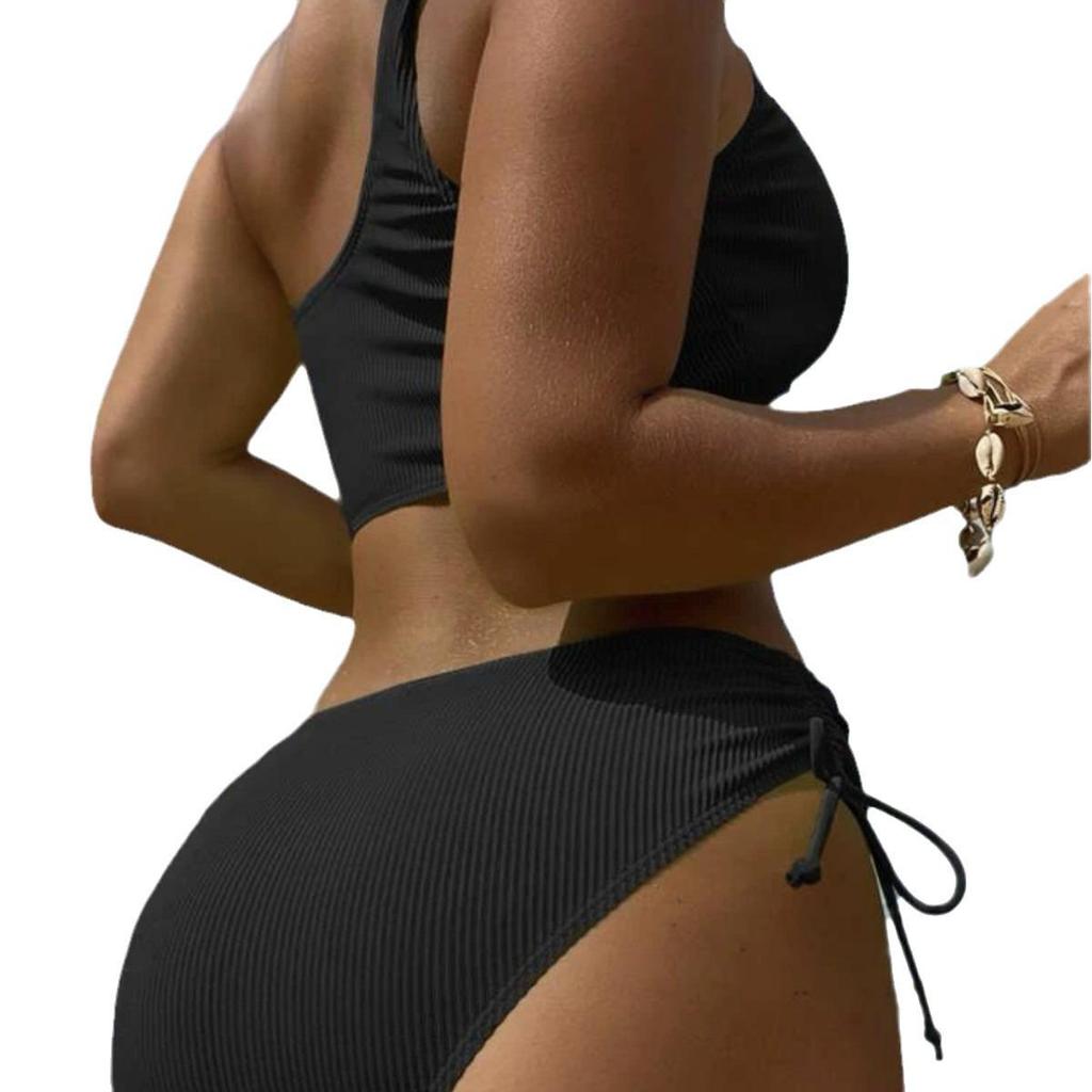 New European-American Sexy Solid Color Split Tethered Bikini Swimsuit for Women