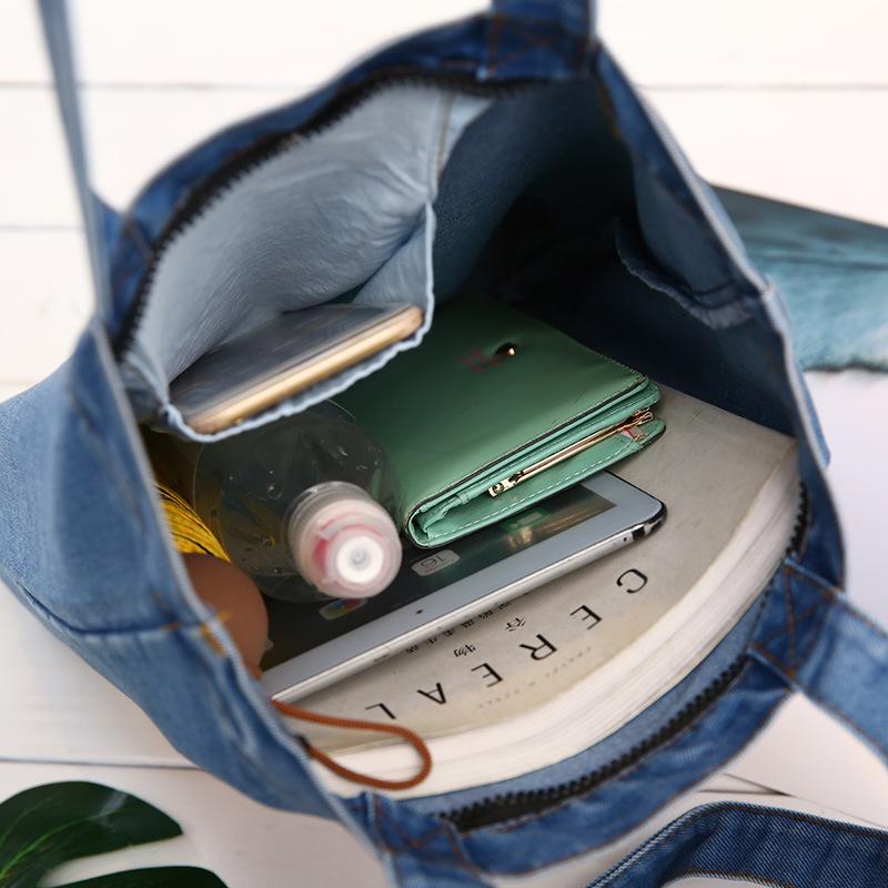 Fashion Cartoon Printed Denim Canvas Bag Women'S Shoulder Literary Women'S Canvas Handbag