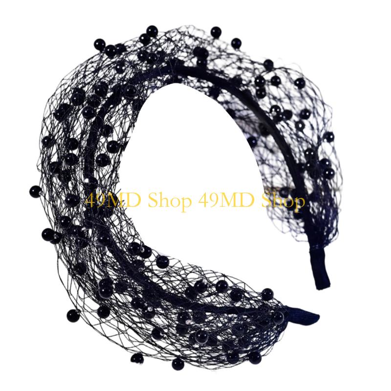 49MD Elegant Bridal Veil Headband With White Pearls Retros Flapper Veil Headband for Wedding Photography And Special Event