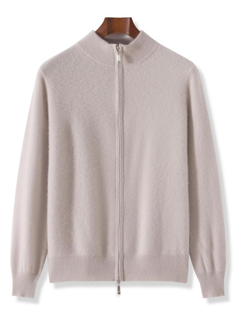 Men's Wool Cashmere Knit Zipper Cardigan - Autumn/Winter Warmth, Versatile Stand Collar, Loose Fit.