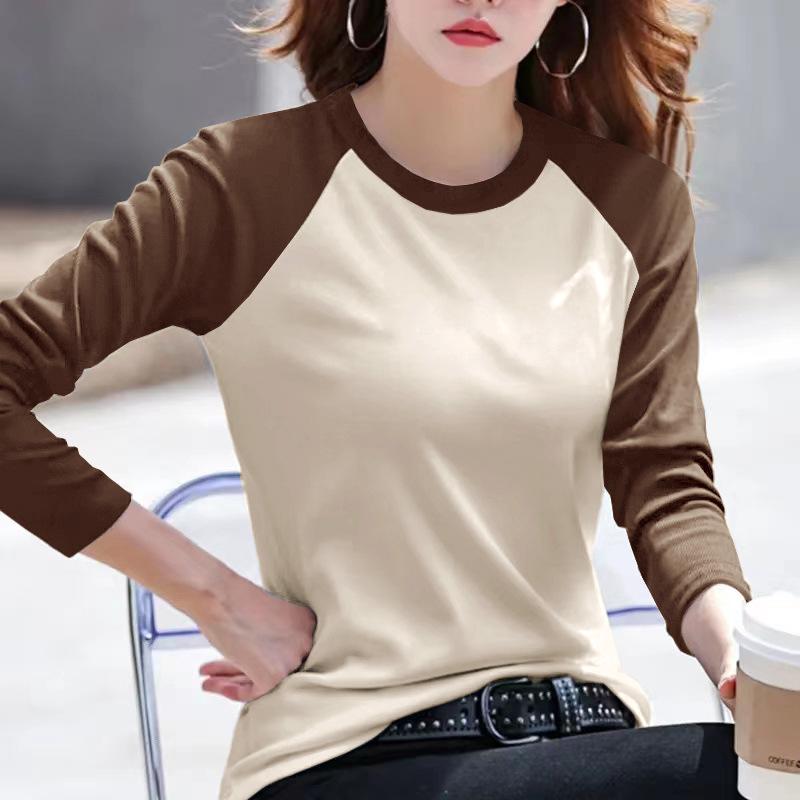 Women Clothes Round Neck Long Sleeve T-Shirt For Women Spring Autumn Double-Sided Color-Block Base Shirt Warm Top