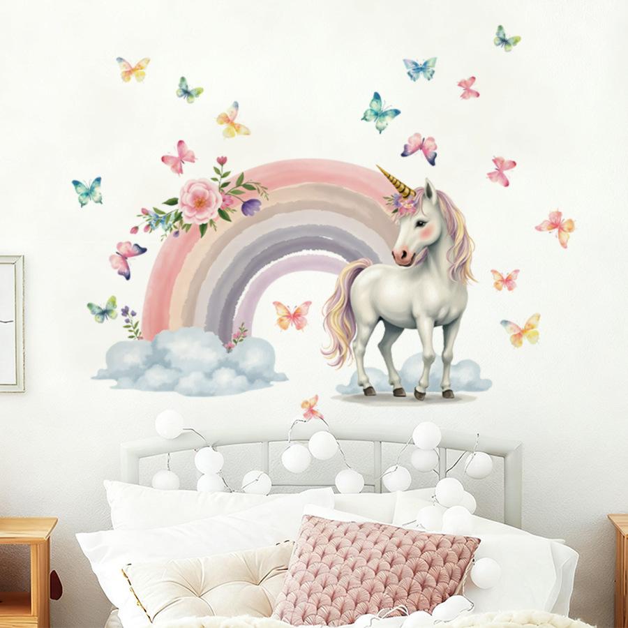 Dreamy Unicorn Rainbow Wall Stickers, Pink Tone Fairy Tale Scene with Colorful Butterflies, Girly Self-Adhesive Decor for Room Decoration