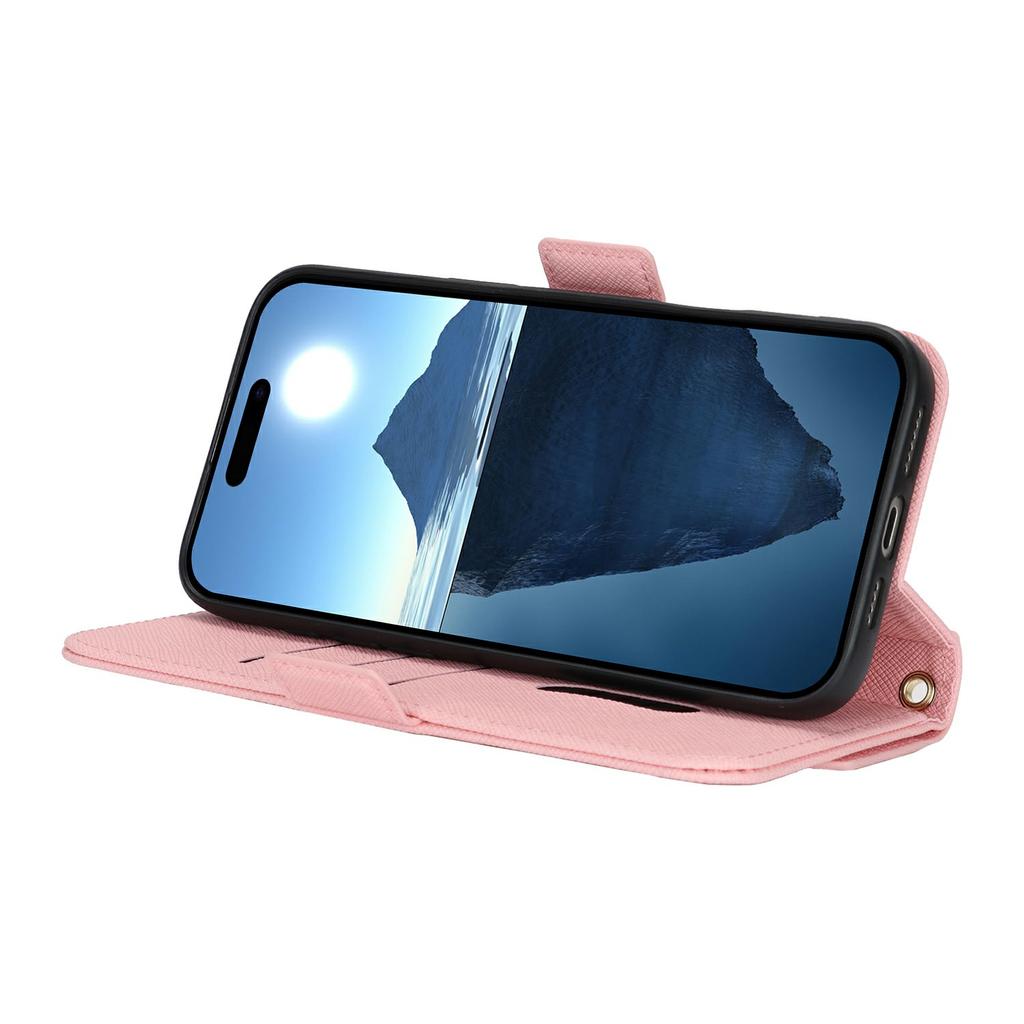 For iPhone 16 Stand Case Cross Texture PU Leather Wallet Phone Cover with Shoulder Strap/Makeup Mirror