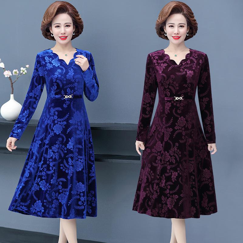 Abito da Donna 2026 Primavera con Rilievo e Scollo a V per Donne di Mezza Età e Anziane - Elegante, alla Moda, Manica Lunga, Gonna ad Ampio Orlo