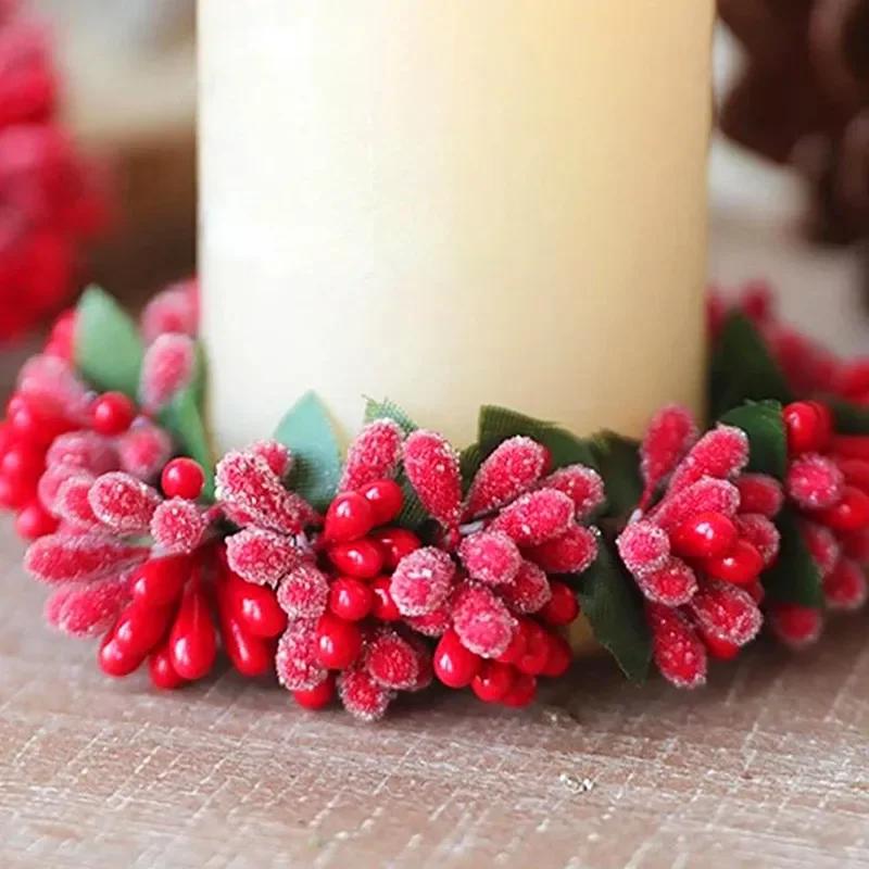Ornaments Christmas Candlestick Garland Simulated Red Berry Candle Holder Xmas Wreath for Home New Year Party Dining Table Decor