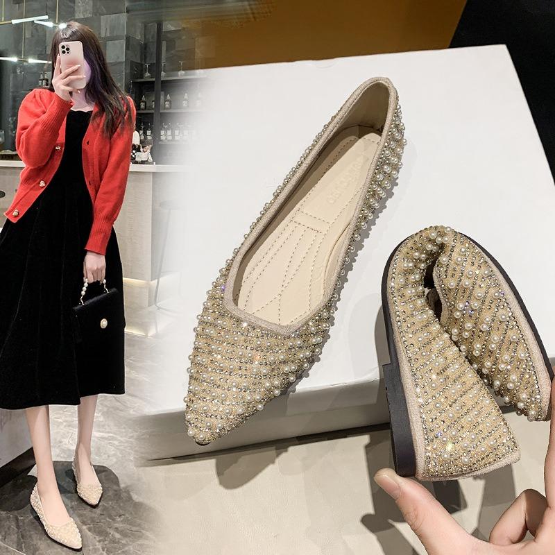 Spring and Summer New Low-heeled Flat-bottomed Pearl Decorative Foot Cover Doudou Single Shoes