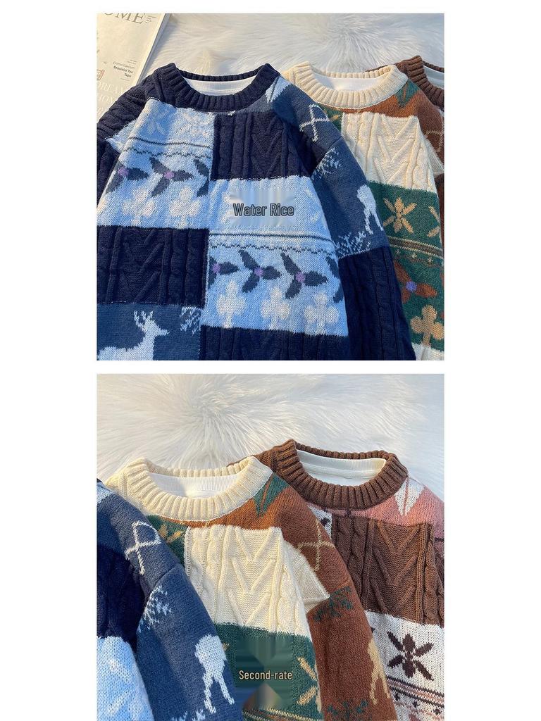 Men's Retro Patchwork Loose Knit Sweater - Winter Base Layer Outerwear