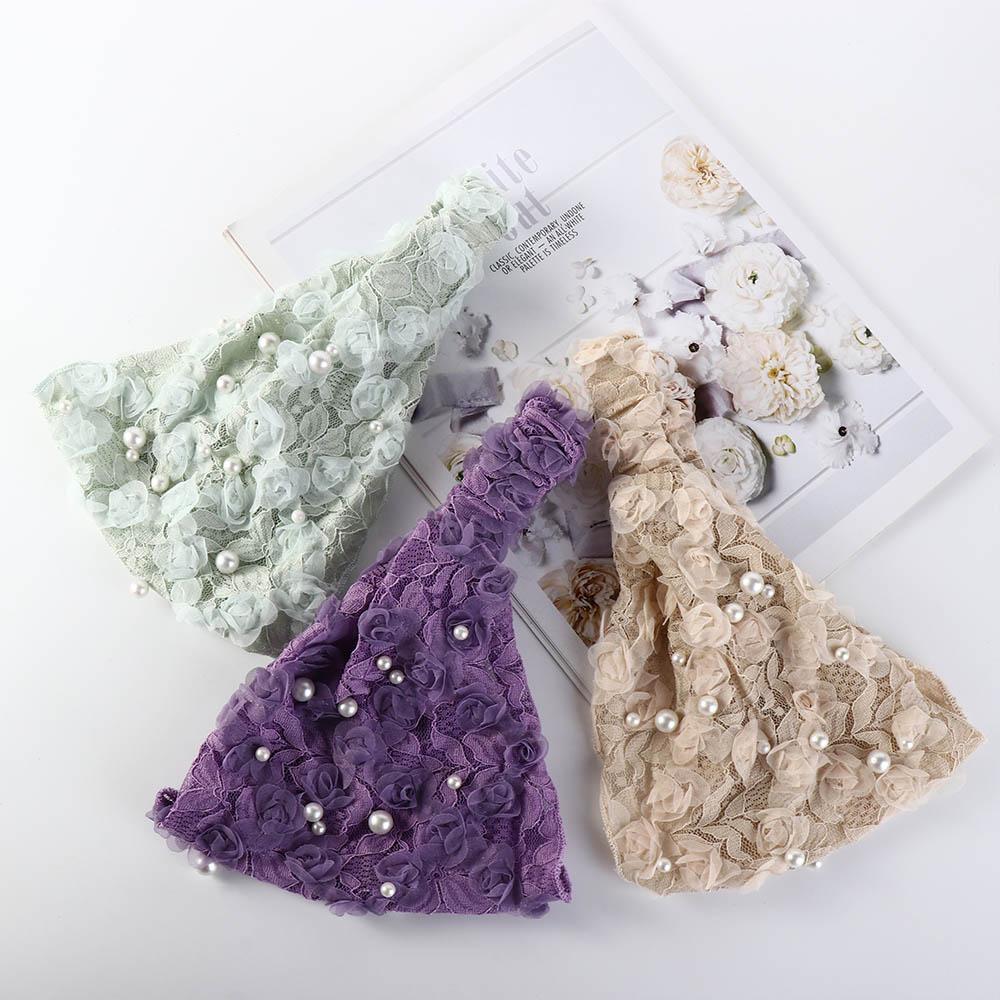 Trendy For Girls Wide Side Pearl Non Slip Women Hairbands Lace Headband Korean Head Wrap Flower