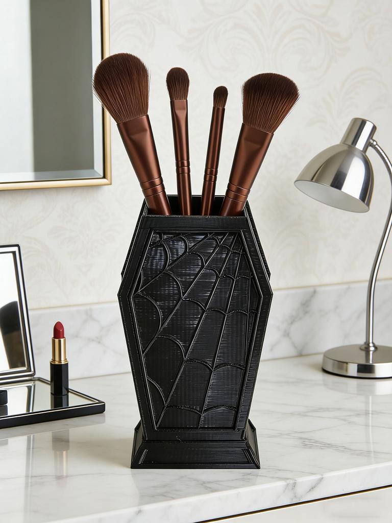 Gotisch Dunkel Halloween Sarg Spinnennetz Make-up Pinsel Aufbewahrungsbox Stifthalter Einzigartiges Spinnennetz Design Dekoration