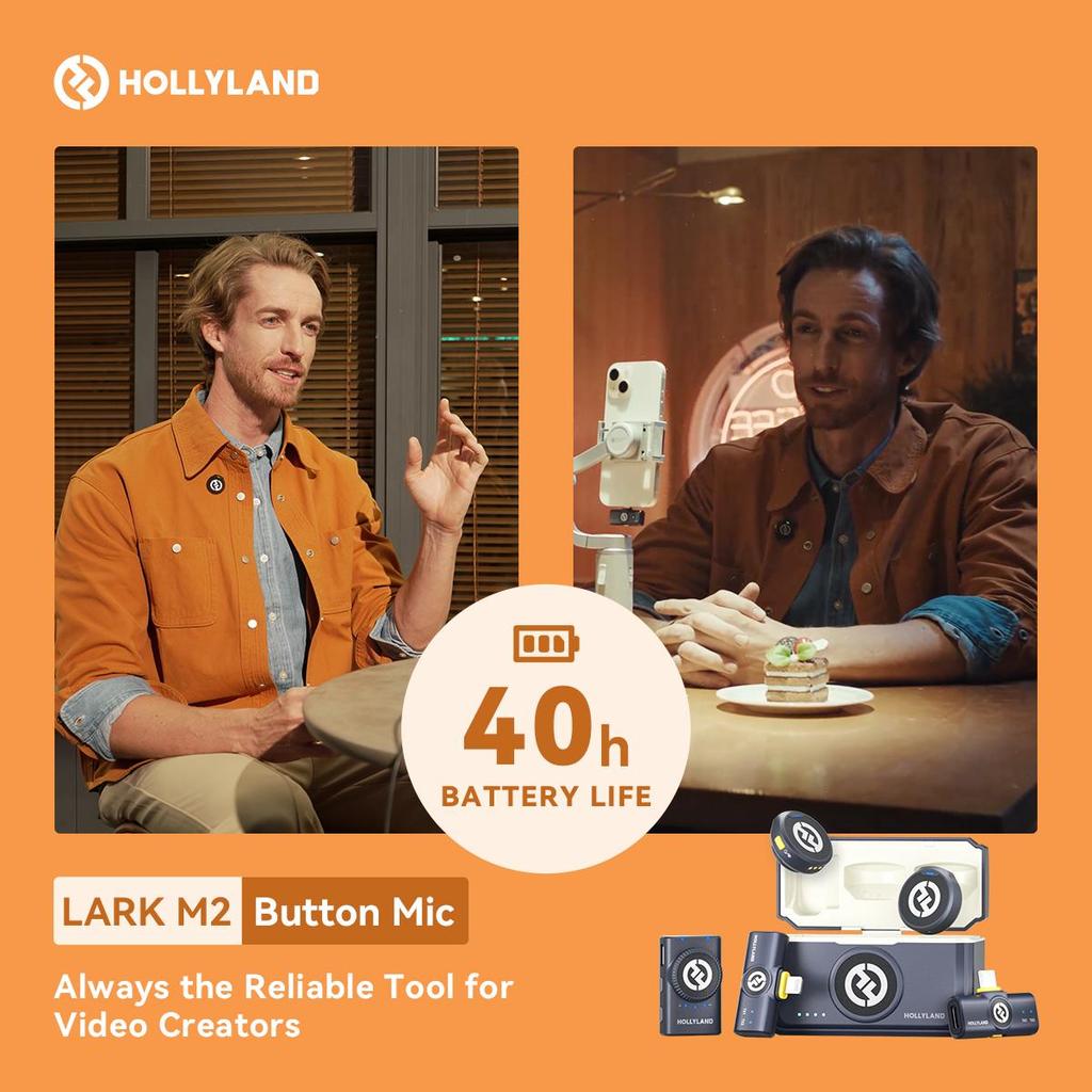 Hollyland Lark M2 Wireless Microphone, 48kHz/24bit Studio Sound, 300m Range, 40H Battery, Noise Cancellation, Magnetic Clip, for Camera Phone Vlog