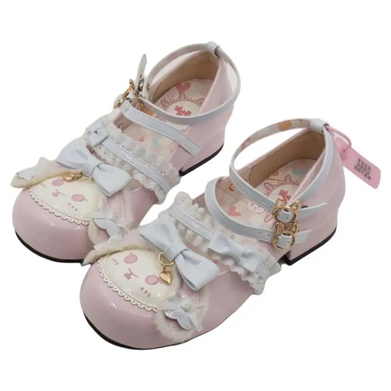 Sweet Girls Lolita Furry Rabbit Ears Pumps Students Cute Bowknots Lace Embroidery Shoes