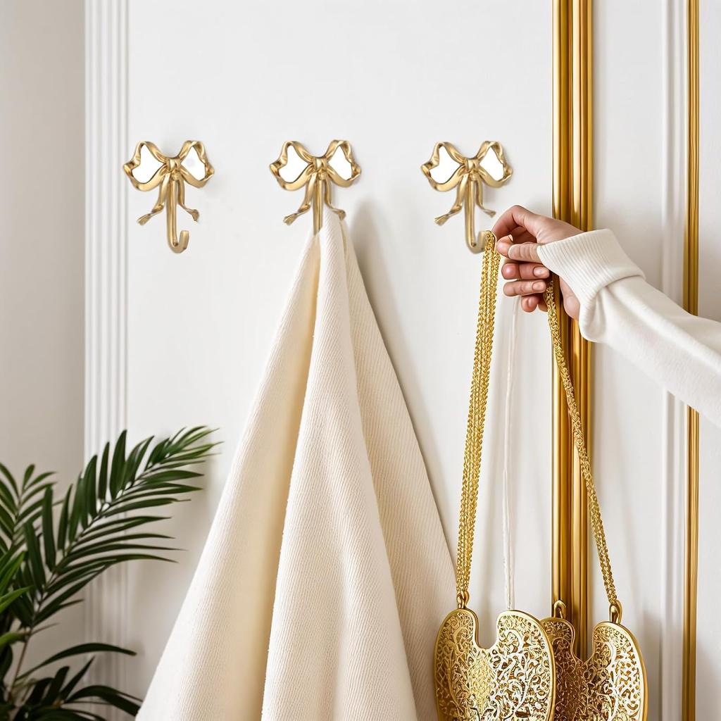 Bow Hook for Wall Decorative Bowknot Hook Gold Coat Hooks Wall Peg Hook Bow Hanging Hook Towel Hook Brass Bow Hook for Home (2.63X2.52X0.59in,Gold)