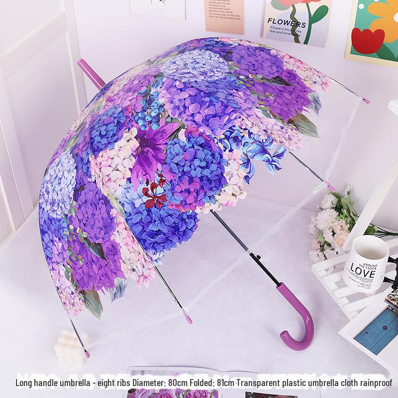 Japonský lesní styl průhledný deštník s třešňovými květy s klenutou dlouhou rukojetí pro studenty