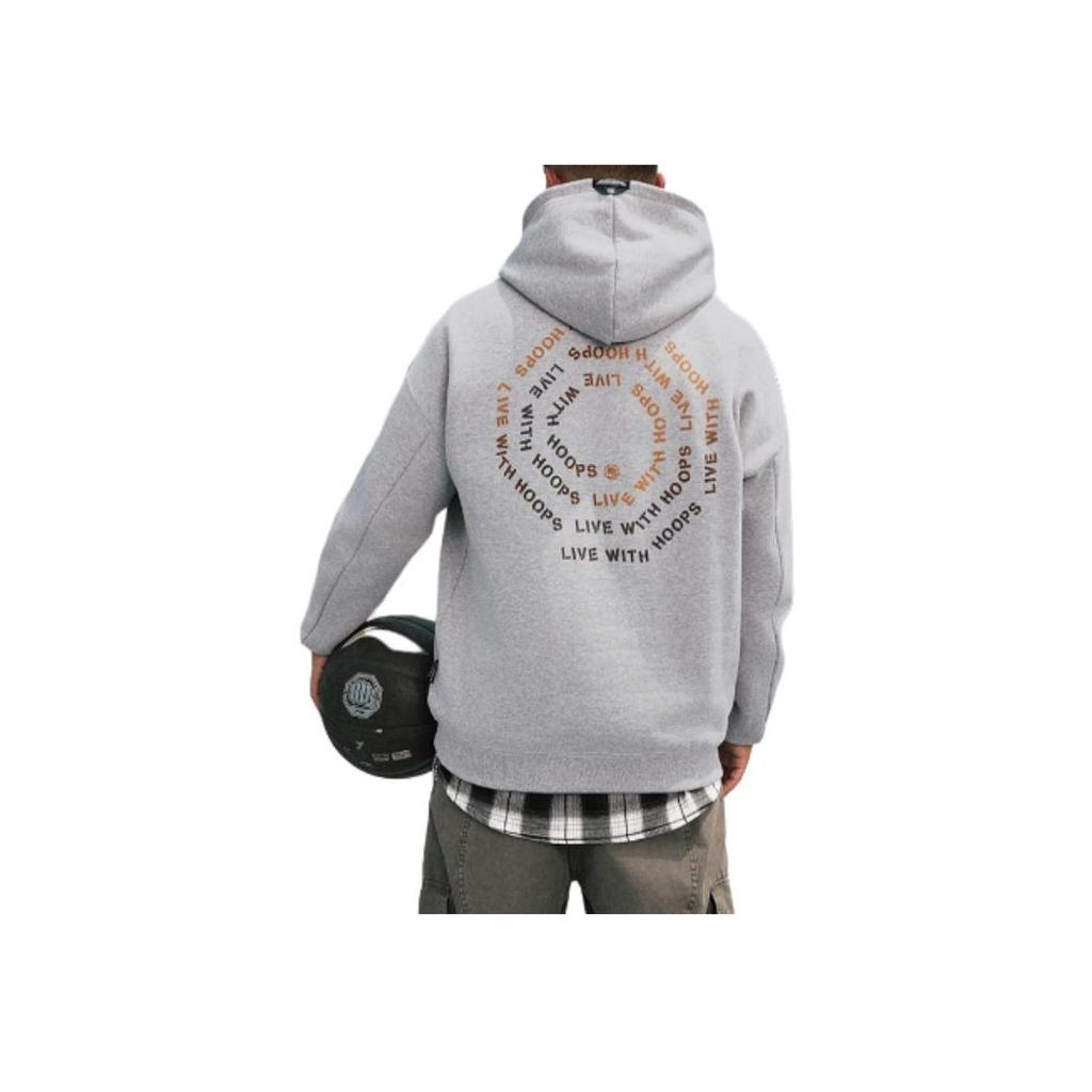 Li Ning Badfive Comfortable Casual Hooded Letter Print Loose Fleece Sweatshirt Men Sweatshirt Gray AWDU503-4